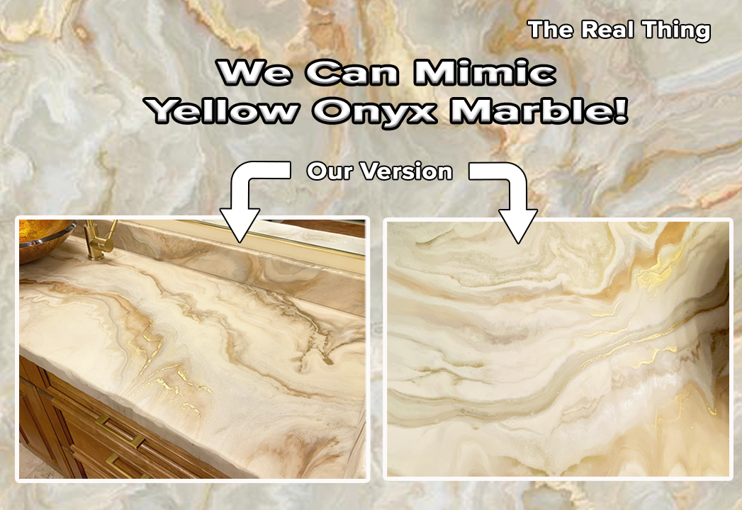 Yellow Onyx Epoxy Countertops with Hammered Copper Tub Surround