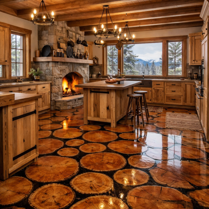 Wood Rounds in Epoxy Floor- AI generated