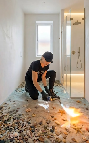 Epoxy Installer torching the floor in regular shoes with knee on floor. AI Generated